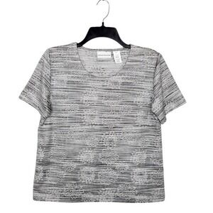 Alfred Dunner Top Womens PS‎ Gray Short Sleeve Textured Floral Stripe Metallic